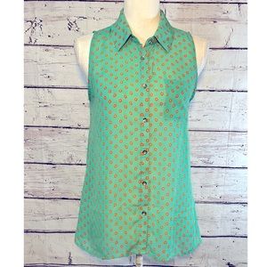 MONTEAU Sleeveless Button Front Blouse Sheer Green with Dots-Small